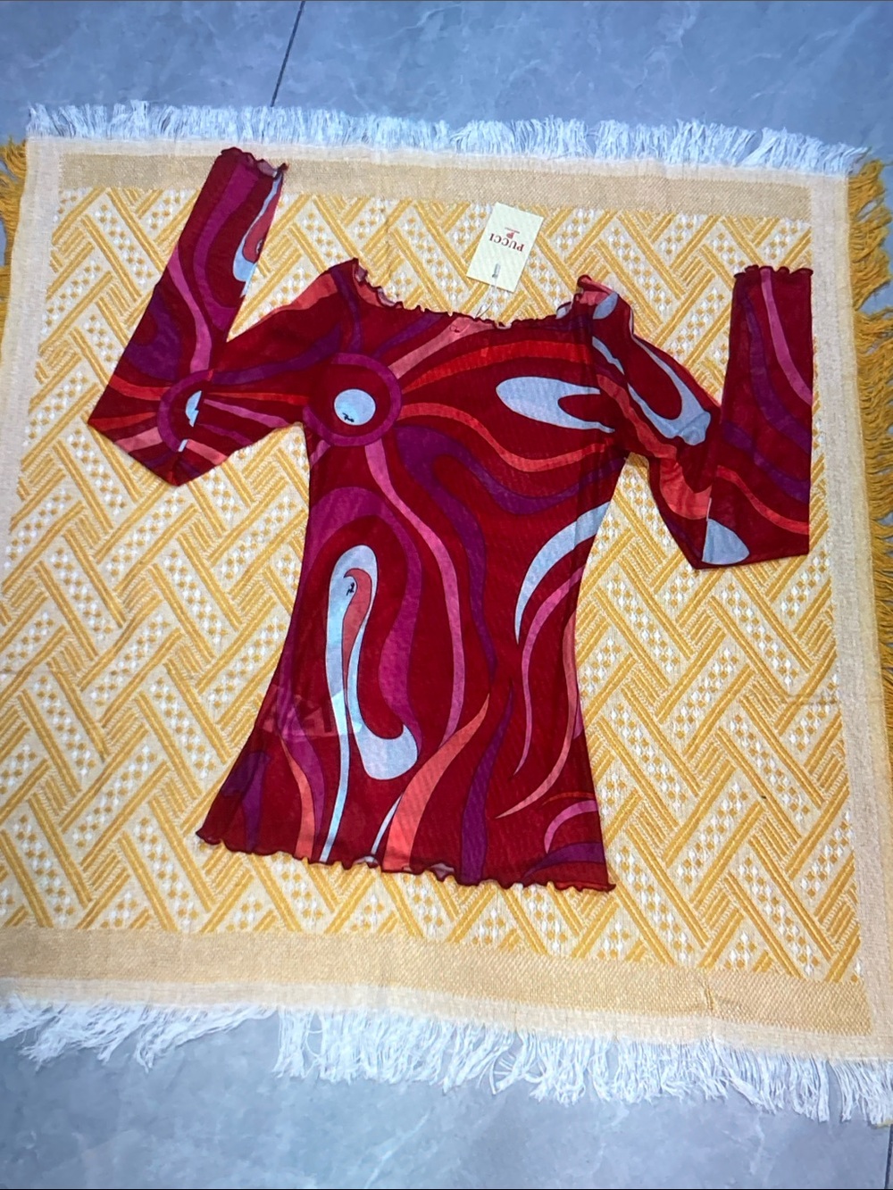 -Inspired Red Swirl Long-Sleeve Mesh Top - Picture 4 of 10